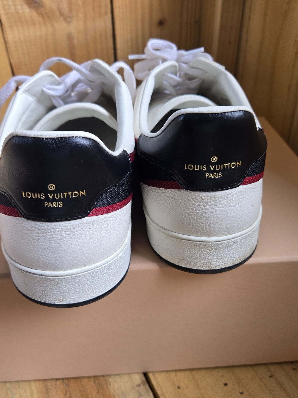 Louis Vuitton Men's White Leather Sneakers with Black & Red Trim